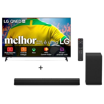 Vista frontal de Combo Smart TV LG AI 4K QNED73 de 86" 2026  + Soundbar S40T 300W RMS, 2.1 Canais, Dolby Digital 86QNED73.S40T