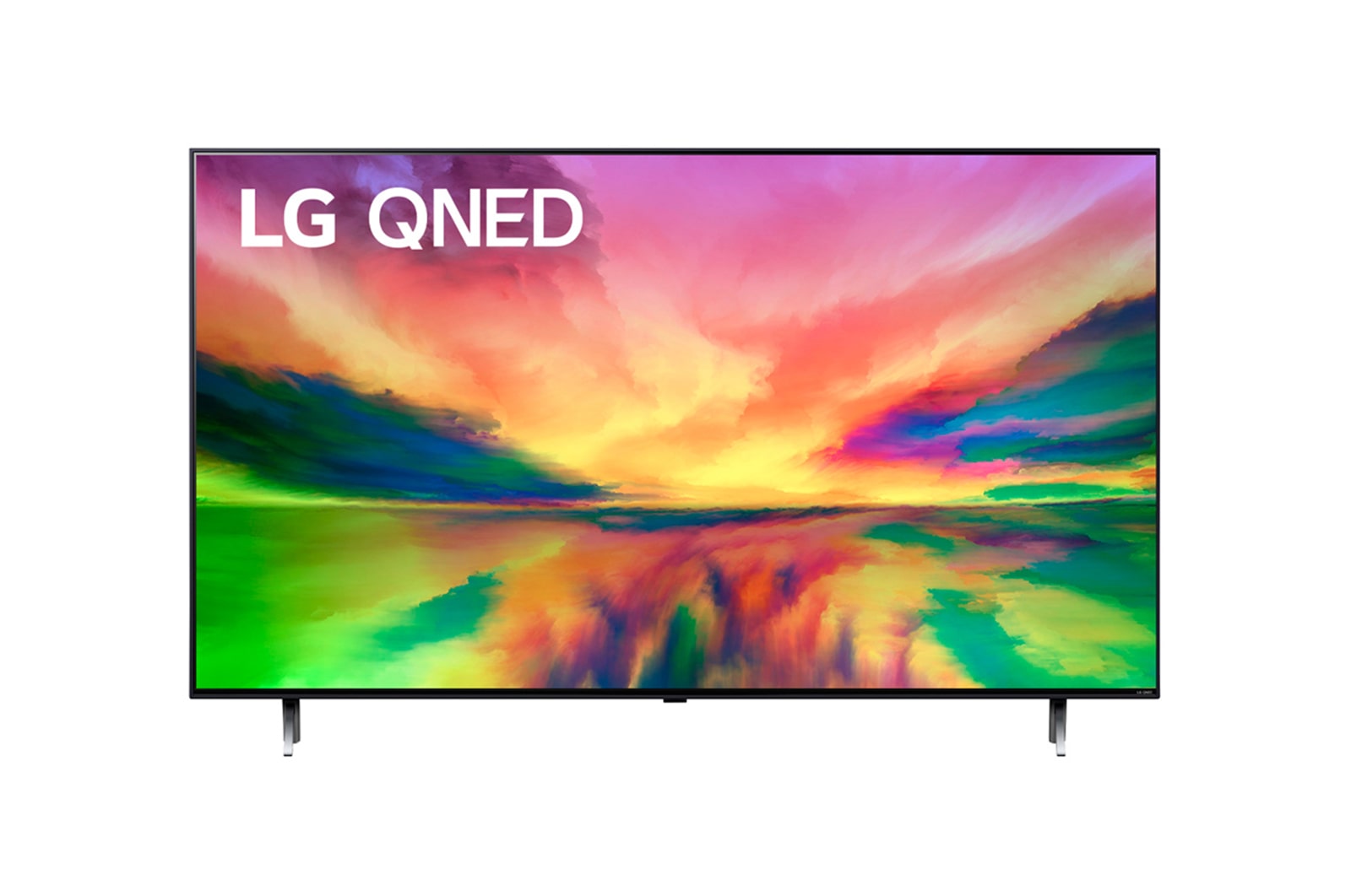 Vista frontal da TV LG QNED com imagem de preenchimento e logotipo do produto sobre si