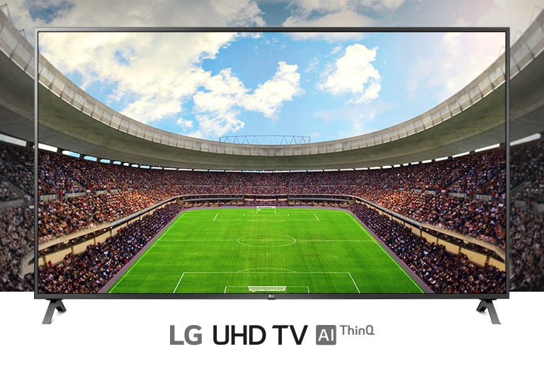 Uma vista panorâmica de um estádio de futebol lotado por torcedores dentro de uma moldura de TV.