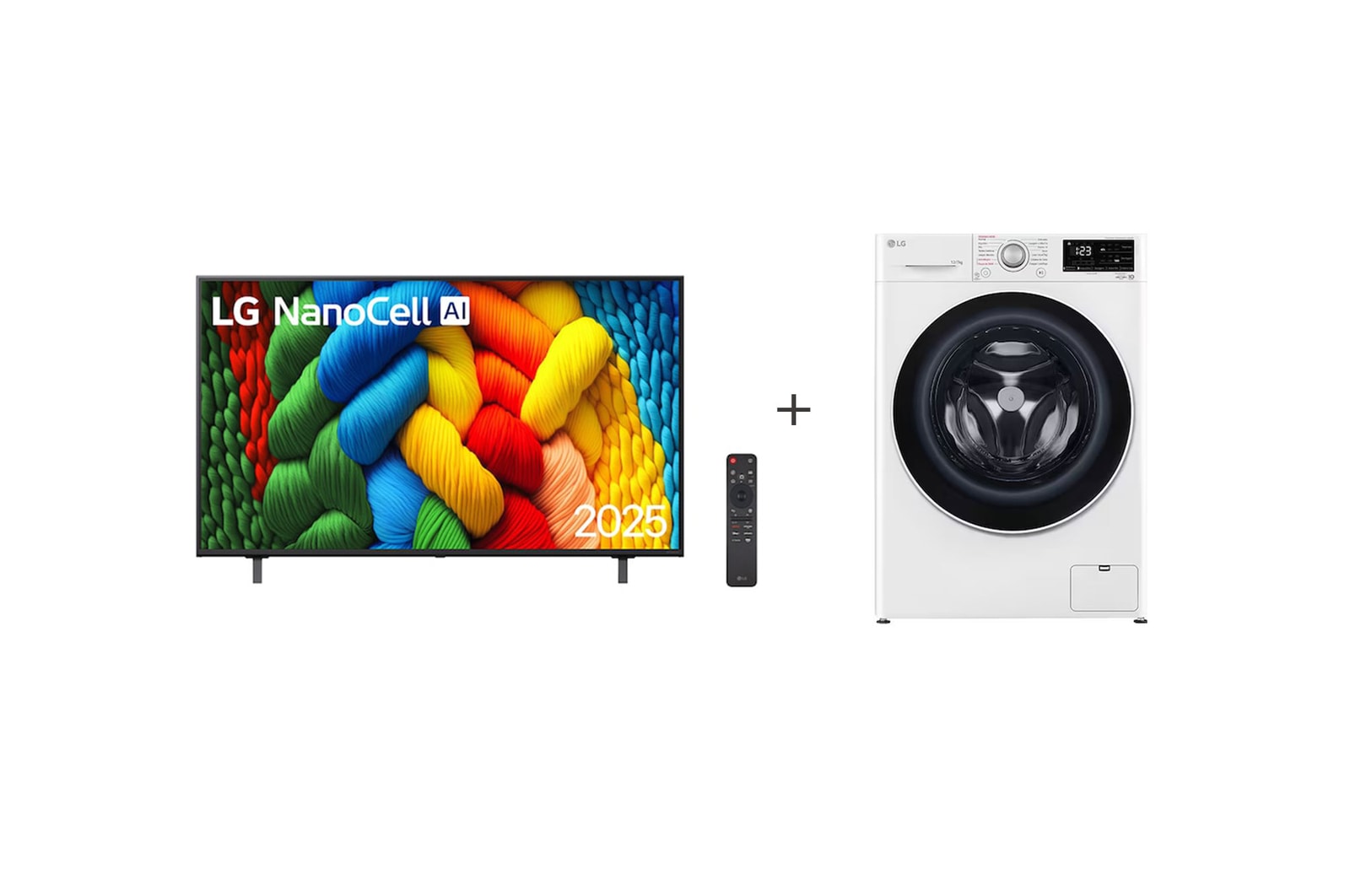 Vista frontal de  Lava e Seca LG VC5 12kg Branca com Inteligência Artificial - 127v + Smart TV LG NanoCell AI 4K NANO80 de 55"  CV3012W1.55NANO8