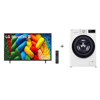 Vista frontal de  Lava e Seca LG VC5 12kg Branca com Inteligência Artificial - 127v + Smart TV LG NanoCell AI 4K NANO80 de 55"  CV3012W1.55NANO8