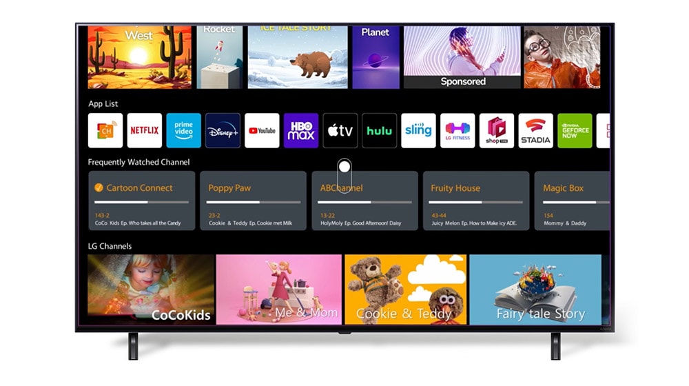 TV LG NanoCell mostrando as páginas da Conta LG e as recomendações personalizadas de três usuários diferentes.