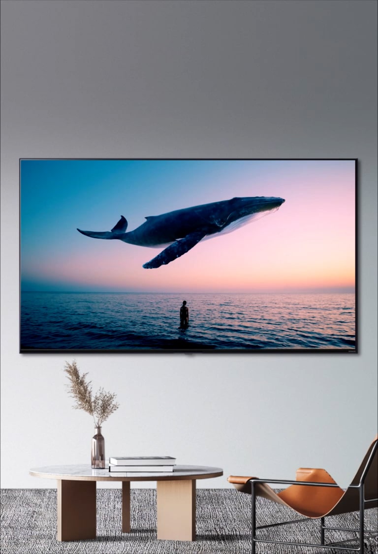 Uma baleia e uma mulher são exibas na TV, que está pendurada na parede de uma sala decorada com uma poltrona laranja e uma mesa redonda.