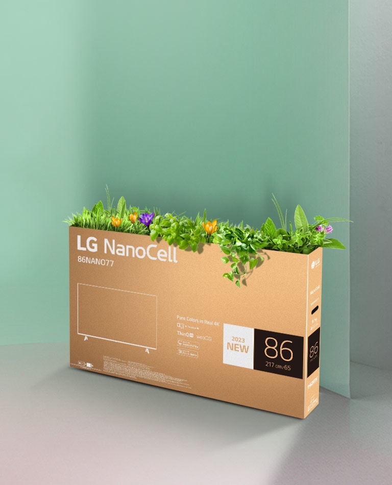 Caixa reciclável da TV LG NanoCell com flores e plantas brotando na parte superior.