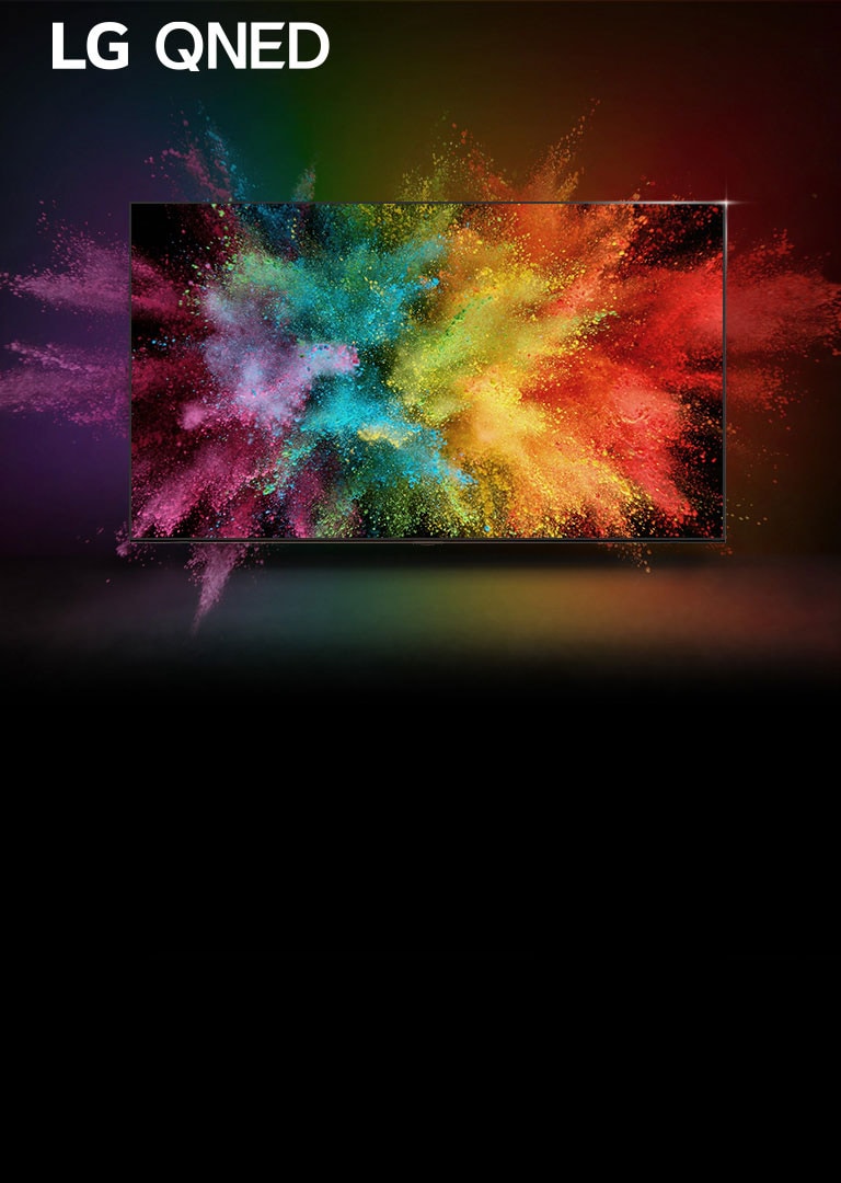 Uma LG QNED em uma sala escura. Pós tingidos criam uma explosão com as cores do arco-íris na tela.
