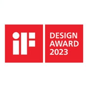  Logotipo iF Design Award 2023 em fundo vermelho com texto branco, composto por duas seções quadradas.