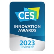  CES Innovation Awards 2023 Honoree em um fundo azul com detalhes verdes e cinza.