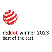  Logotipo do prêmio Red Dot 2023 para produto inovador, com espiral vermelha.
