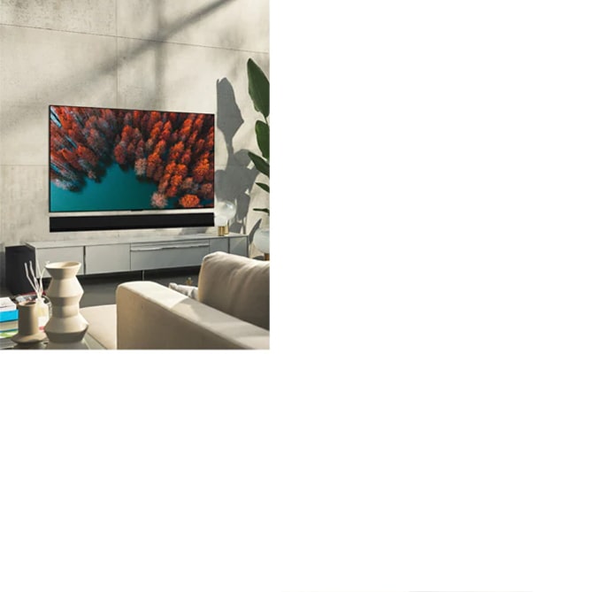 Uma LG OLED G2 está pendurada na parede, em uma sala de estar de cores neutras com plantas e ornamentos rústicos.  Uma LG OLED G2 está sobre um suporte de TV, em uma sala verde-hortelã decorada com obras de arte e móveis coloridos. Uma LG OLED G2 com base Gallery está no canto da sala em uma casa de família.  Vista lateral da borda ultrafina da LG OLED G2.