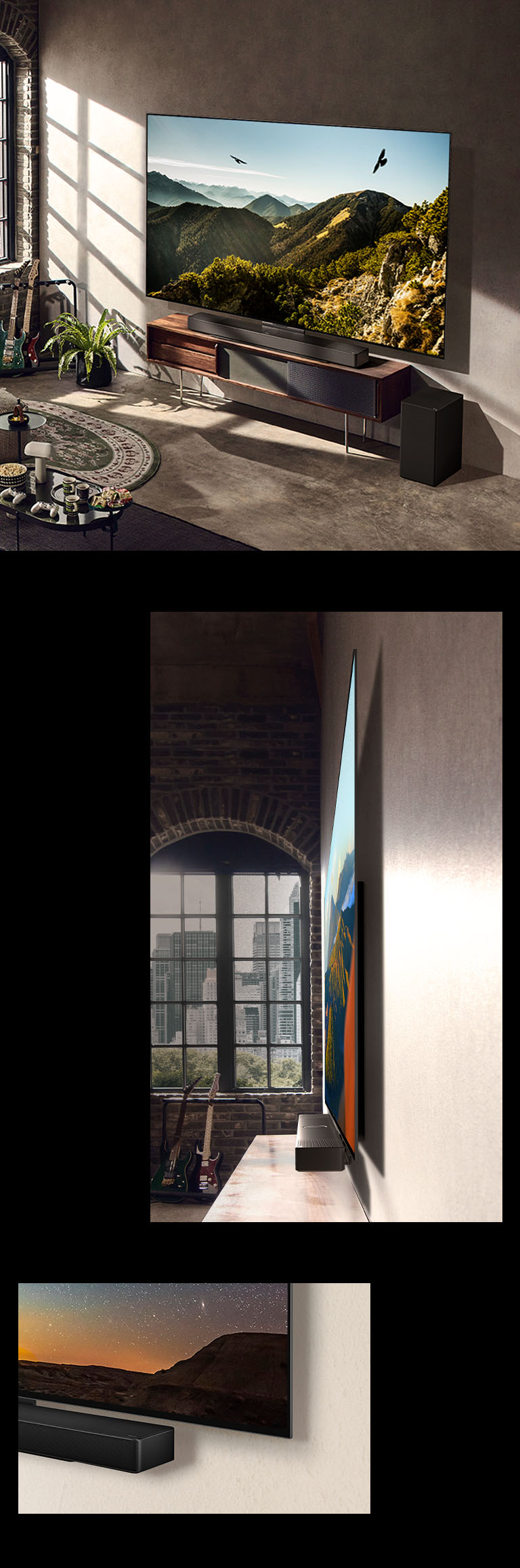 Imagem da LG OLED C3 com uma Soundbar na parede, em uma sala artística. Vista lateral das finas dimensões da LG OLED C3, em frente a uma janela com vista para uma paisagem urbana. Canto inferior da LG OLED C3 e da Soundbar.