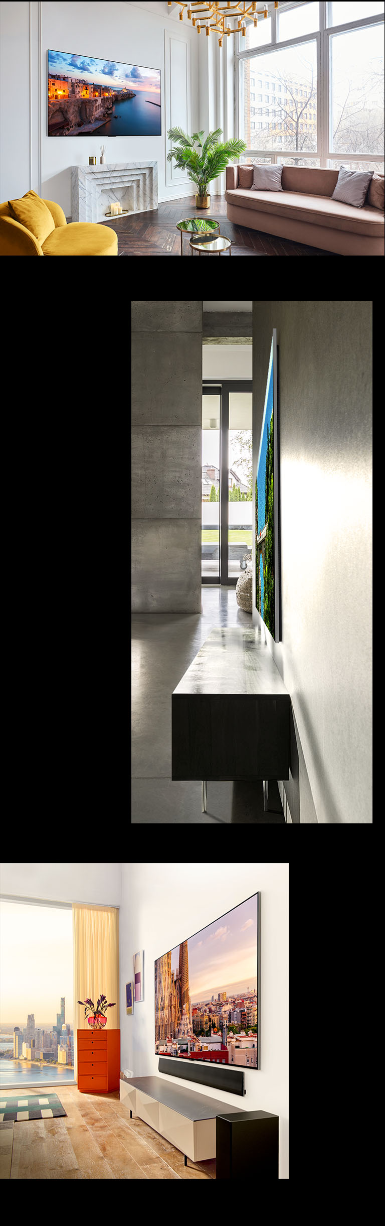 Imagem da LG OLED G3 na parede de uma sala decorada, representando o Design One Wall. Vista lateral das dimensões incrivelmente finas da LG OLED G3. Vista em ângulo da LG OLED G3 na parede de um apartamento com vista urbana, tendo uma Soundbar abaixo de si.