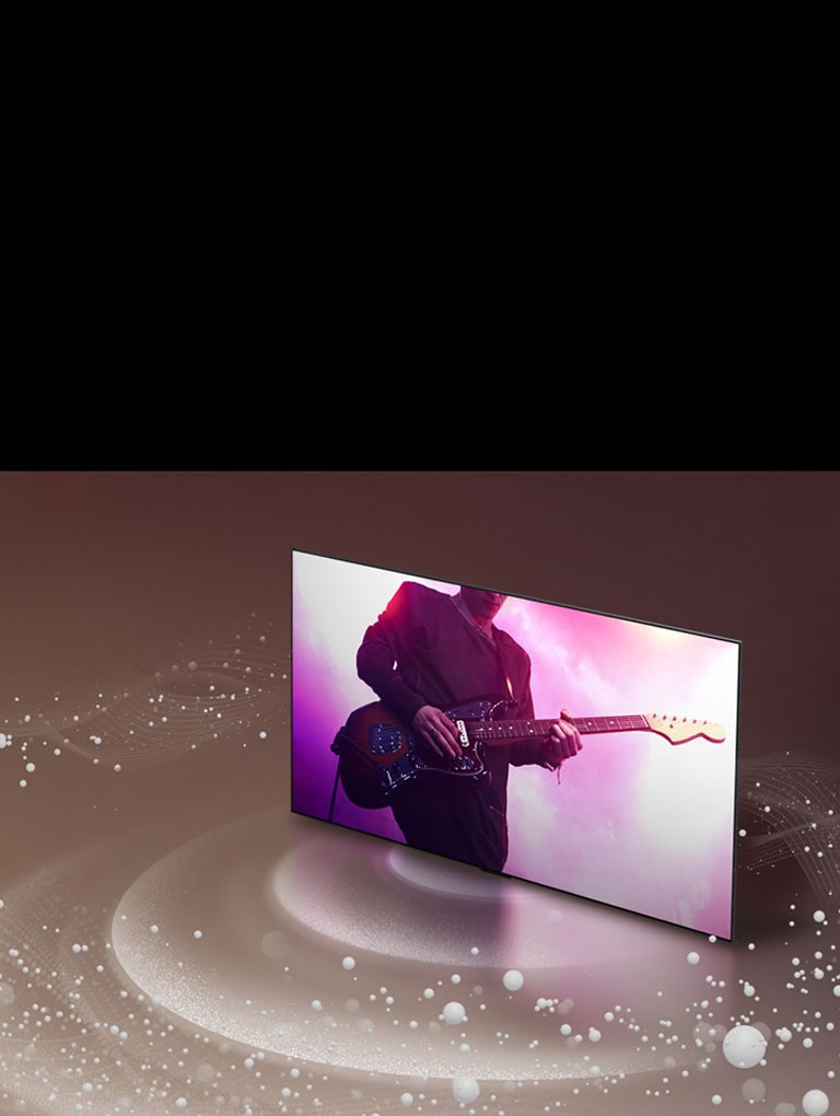 Uma imagem de bolhas e ondas sonoras saindo da tela de uma TV OLED LG e preenchendo o espaço.