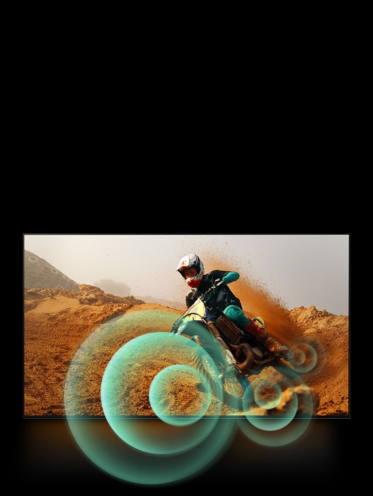 Uma imagem de um homem pilotando uma motocicleta em uma pista de terra com gráficos circulares brilhantes ao redor da motocicleta.