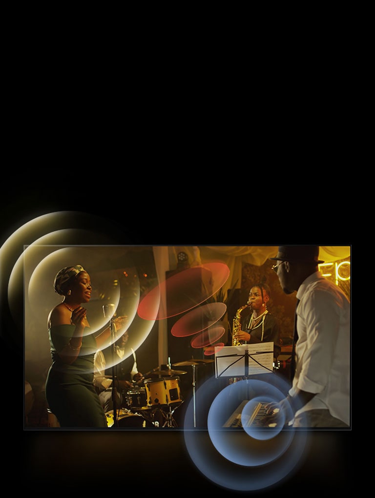 Uma imagem de uma TV OLED LG mostrando músicos se apresentando, com gráficos circulares brilhantes ao redor dos microfones e instrumentos.
