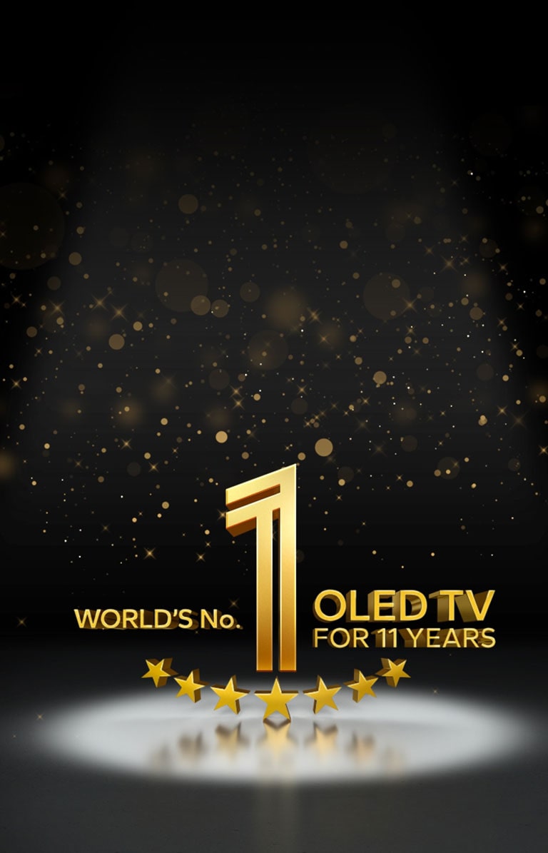Uma imagem do emblema dourado da TV OLED número um do mundo em 11 anos em um fundo preto. Um holofote brilha sobre o emblema, e estrelas abstratas douradas preenchem o céu acima dele.