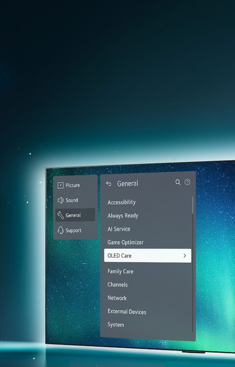 A TV OLED está majestosamente localizada no lado direito da imagem e o fundo brilha como o céu noturno. Enquanto luzes brancas brilham na traseira da TV. O menu Suporte é exibido na tela e o menu OLED Care está selecionado.