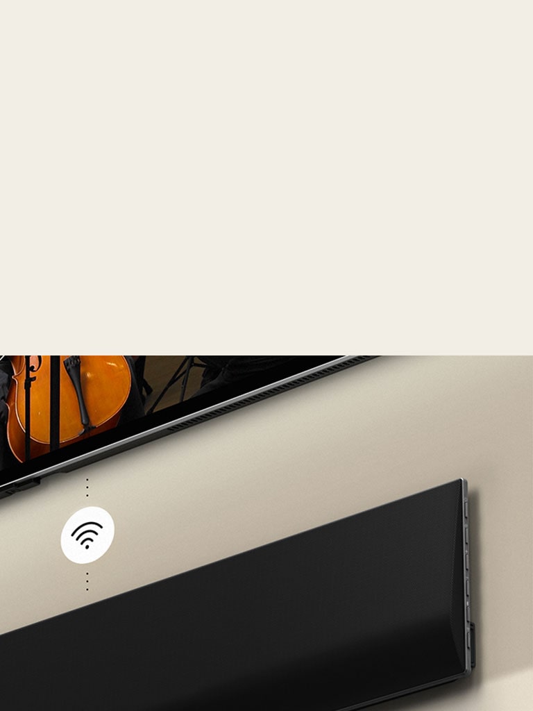 Uma imagem de uma TV OLED e uma soundbar da LG instaladas na parede com um gráfico branco com o símbolo de Wi-Fi no centro.