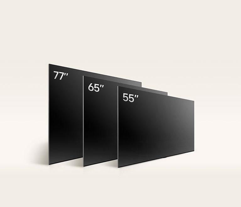 Uma imagem comparando os vários tamanhos da LG OLED G4, mostrando os modelos de 55, 65, 77, 83 e 97 polegadas.
