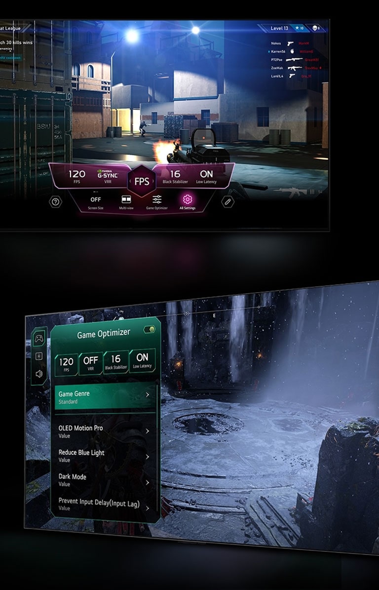 Uma imagem de duas cenas de jogos. Uma mostra um jogo FPS com o Game Dashboard aparecendo sobre a tela durante o jogo. A outra tela mostra uma cena sombria e invernal com o menu do Game Optimizer sobreposto à imagem do jogo.