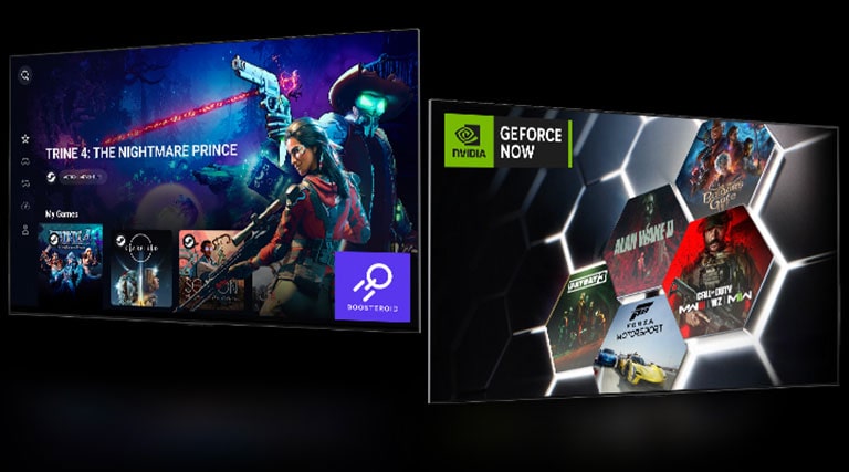 Uma imagem da tela inicial do Boosteroid mostrando "Trine 4: The Nightmare Price" e outra imagem da tela inicial do GeForce NOW mostrando cinco miniaturas de jogos diferentes.