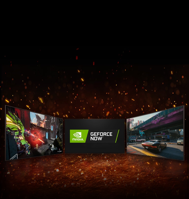 São mostradas três TVs. Na do meio, a tela exibe os logotipos NVIDIA GeFORCE NOW e STADIA dispostos em diagonal. À esquerda, a TV exibe Splitgate. À direita, a TV exibe Cyberpunk 2077.