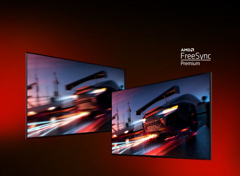 Há duas TVs: a da esquerda mostra uma cena do jogo FORTNITE com um carro de corrida. A da direita mostra a mesma cena, mas com uma exibição de imagem mais nítida e brilhante. O logotipo AMD FreeSync Premium aparece no canto superior direito.