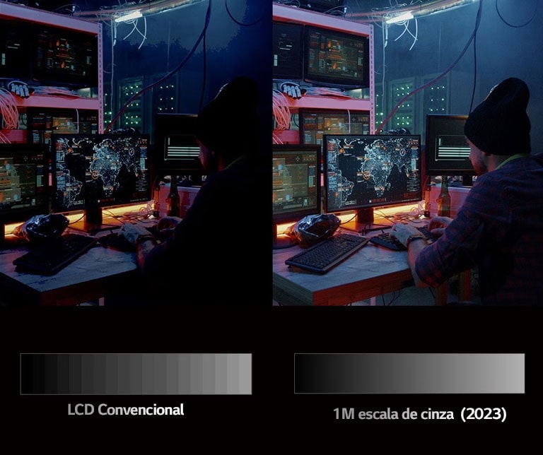 Na tela dividida, vê-se um homem olhando para um monitor numa sala escura. A diferença na qualidade da imagem entre os lados esquerdo e direito é comparada.