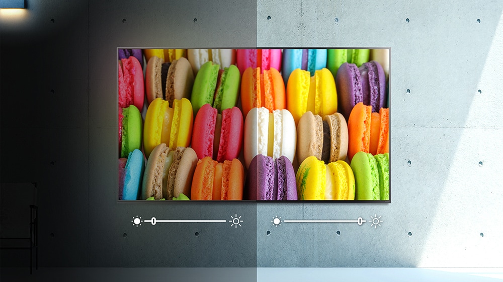 A imagem de um girassol é mostrada em duas versões numa tela dividida. A imagem direita, com AI Picture Pro ativado, aparece mais brilhante e definida.