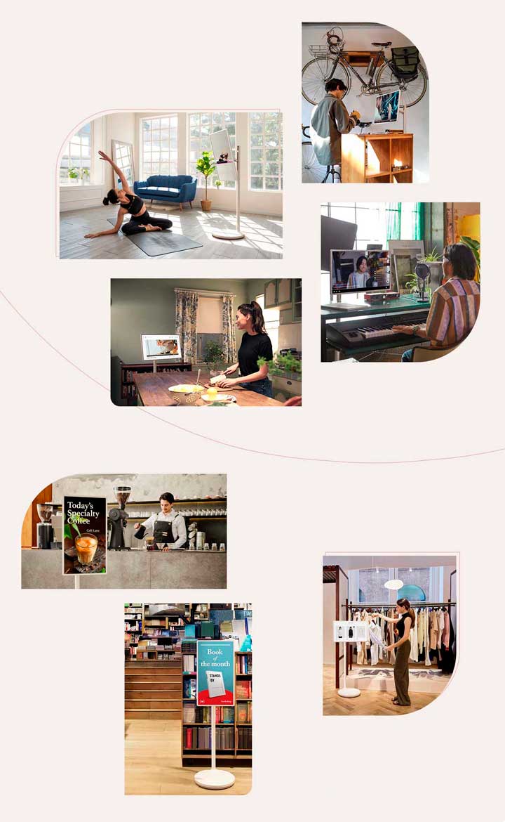 Há uma colagem de 9 imagens de estilo de vida de pessoas fazendo diferentes atividades enquanto assistem TV. Uma mulher está fazendo yoga enquanto assiste a um tutorial de yoga, um homem está consertando sua bicicleta enquanto assiste a um tutorial, outro homem está transmitindo ele mesmo cantando, e uma mulher está cozinhando enquanto assiste a um vídeo de receita. Também existem 5 cenas de uso em espaços comerciais.