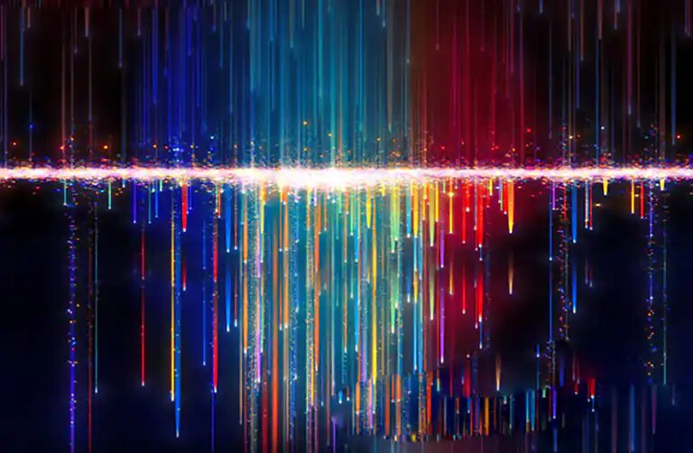 Linhas de luzes coloridas verticais caem de um centro brilhante horizontal em um fundo escuro.