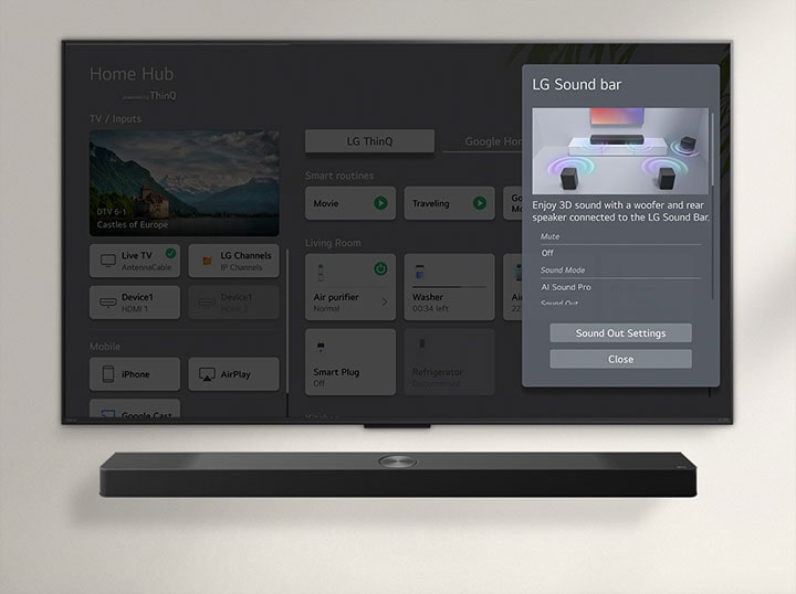 LG Soundbar is below an LG QNED TV. On the TV screen is the UI for the soundbar and TV volume controls.