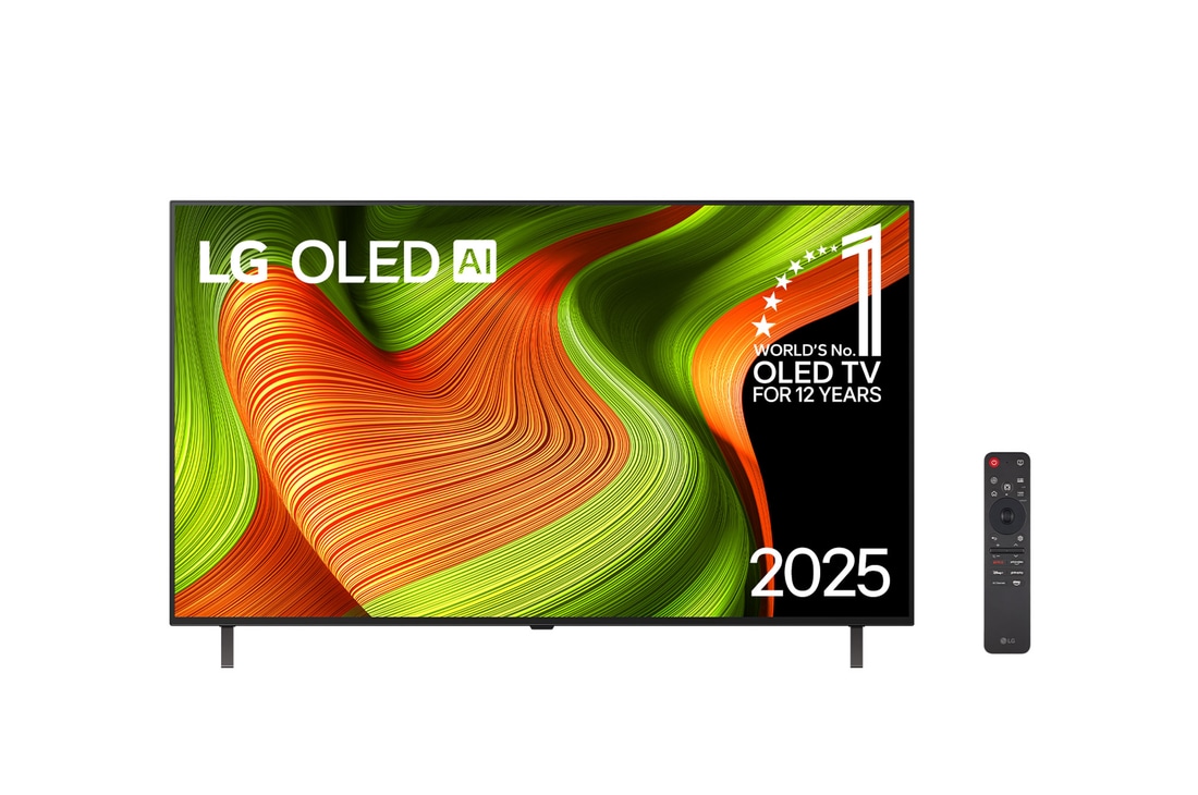 Vista frontal da Smart TV 4K LG OLED AI B5. O emblema “12 anos como a OLED número 1 do mundo” e o logotipo da LG OLED AI 2025 estão na tela.