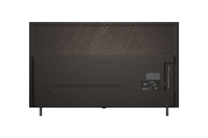 Vista frontal e lateral da Smart TV 4K LG OLED AI B5, mostrando suas dimensões de comprimento, largura, altura e profundidade.