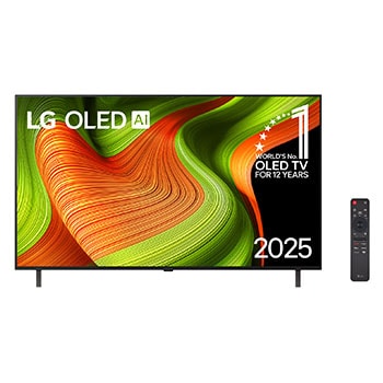 Vista frontal da Smart TV 4K LG OLED AI B5. O emblema “12 anos como a OLED número 1 do mundo” e o logotipo da LG OLED AI 2025 estão na tela.