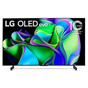 Vista frontal da LG OLED evo com o emblema 11 Anos TV OLED Nº 1 no Mundo na tela.