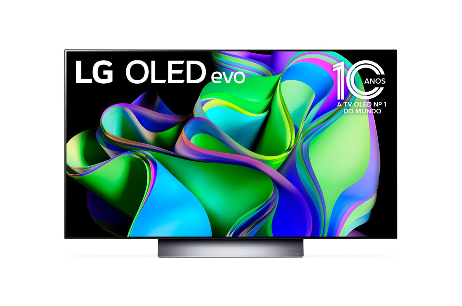 Vista frontal da LG OLED evo com o emblema 11 Anos  TV OLED Nº 1 no Mundo na tela.