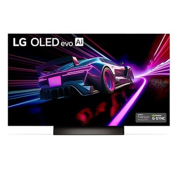 Vista frontal da LG OLED evo AI TV exibindo na tela o emblema de onze anos como a OLED número um do mundo e o logotipo webOS Re:New Program