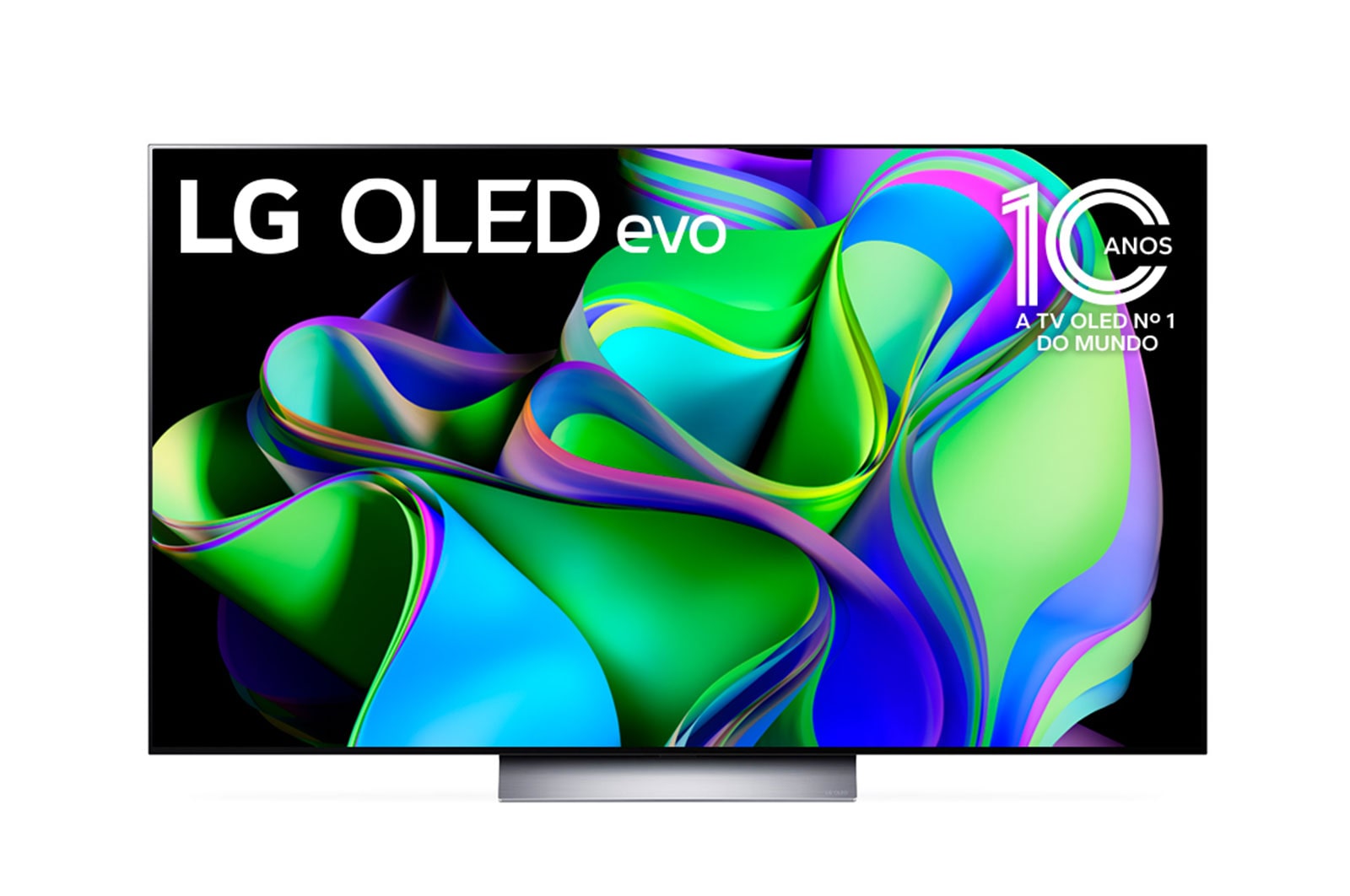 Vista frontal da LG OLED evo e do emblema 11 Anos | TV OLED Nº 1 no Mundo, com a Soundbar aparecendo abaixo. 