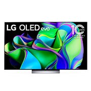 Vista frontal da LG OLED evo e do emblema 11 Anos | TV OLED Nº 1 no Mundo, com a Soundbar aparecendo abaixo. 