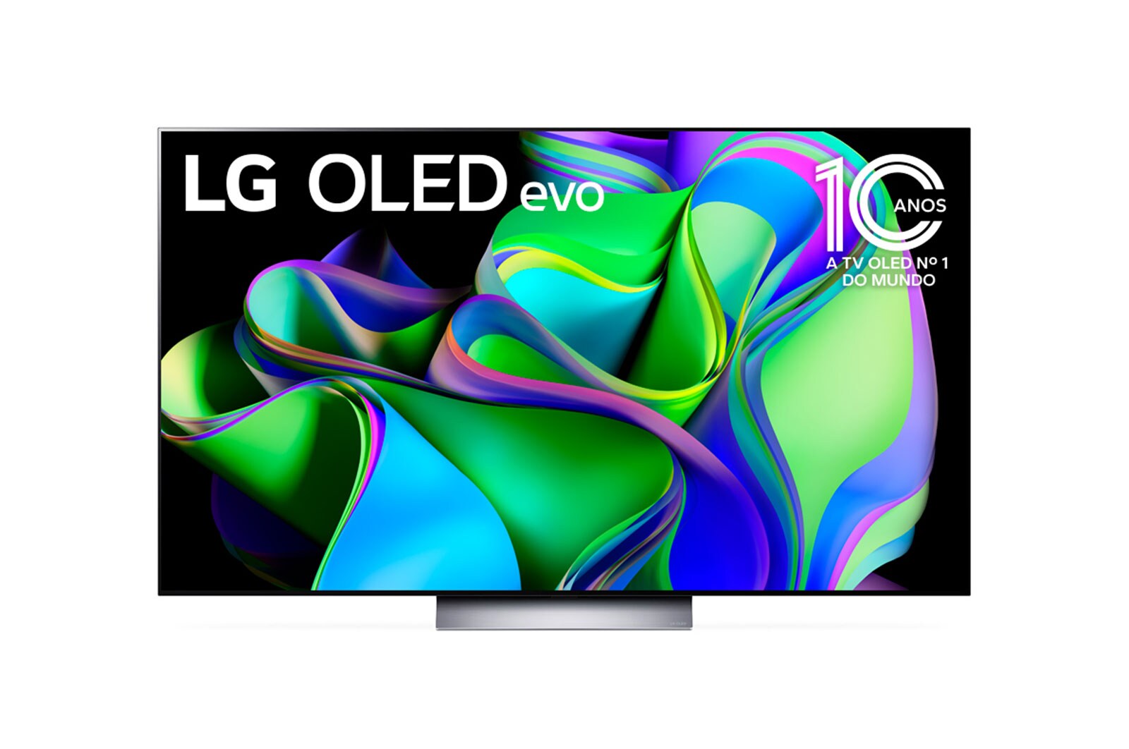 Vista frontal da LG OLED evo e do emblema 11 Anos  TV OLED Nº 1 no Mundo, com a Soundbar aparecendo abaixo