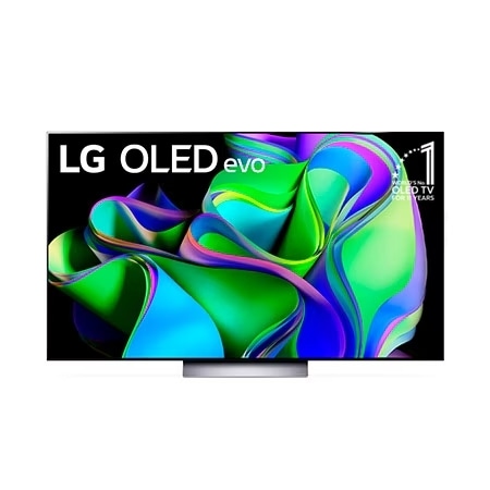 Vista frontal da LG OLED evo e do emblema 11 Anos  TV OLED Nº 1 no Mundo, com a Soundbar aparecendo abaixo