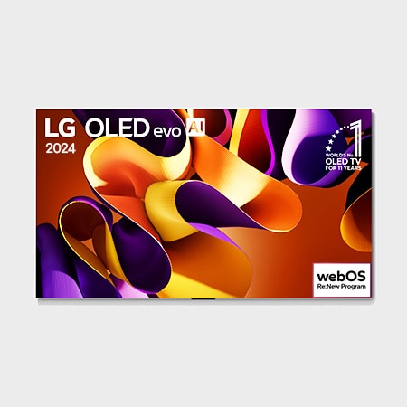 Vista frontal da LG OLED evo, OLED G4, exibindo na tela o emblema de onze anos como a OLED número um do mundo e o logotipo da garantia de cinco anos do painel