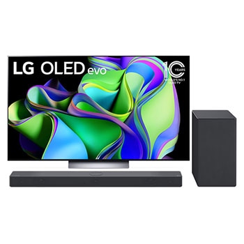 Vista frontal da LG OLED evo com o emblema "10 Anos , Perspectiva frontal da Sound Bar e do subwoofer