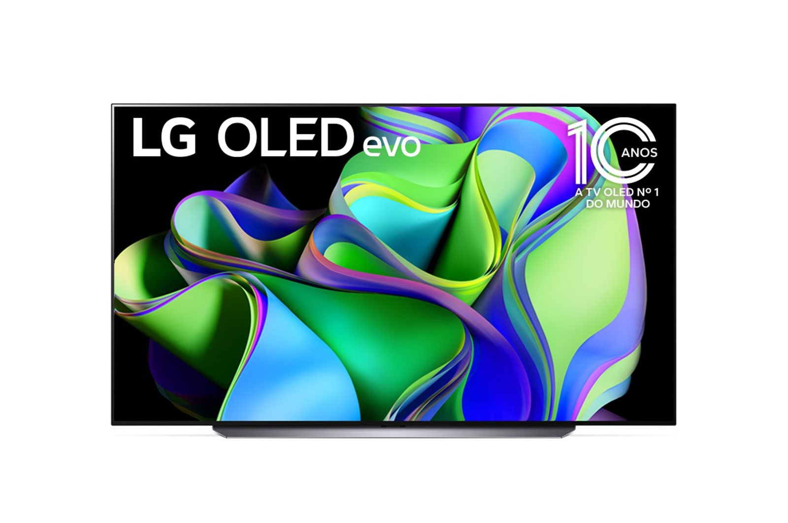 Vista frontal da LG OLED evo com o emblema 11 Anos | TV OLED Nº 1 no Mundo na tela.