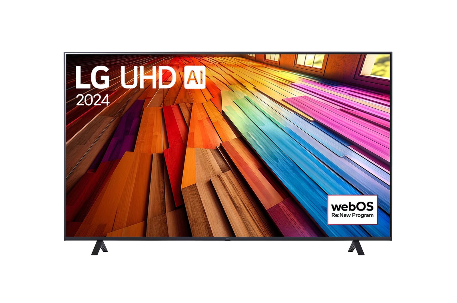 Vista frontal da TV LG UHD, UT80 com texto da LG UHD AI ThinQ, 2024 e o logo do programa webOS Re:New na tela