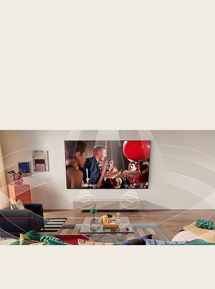 Sala de estar com uma LG TV montada na parede. Ondas sonoras são representadas graficamente preenchendo o espaço, mostrando como os 9.1.2 canais virtuais criam uma experiência de áudio surround para o usuário.