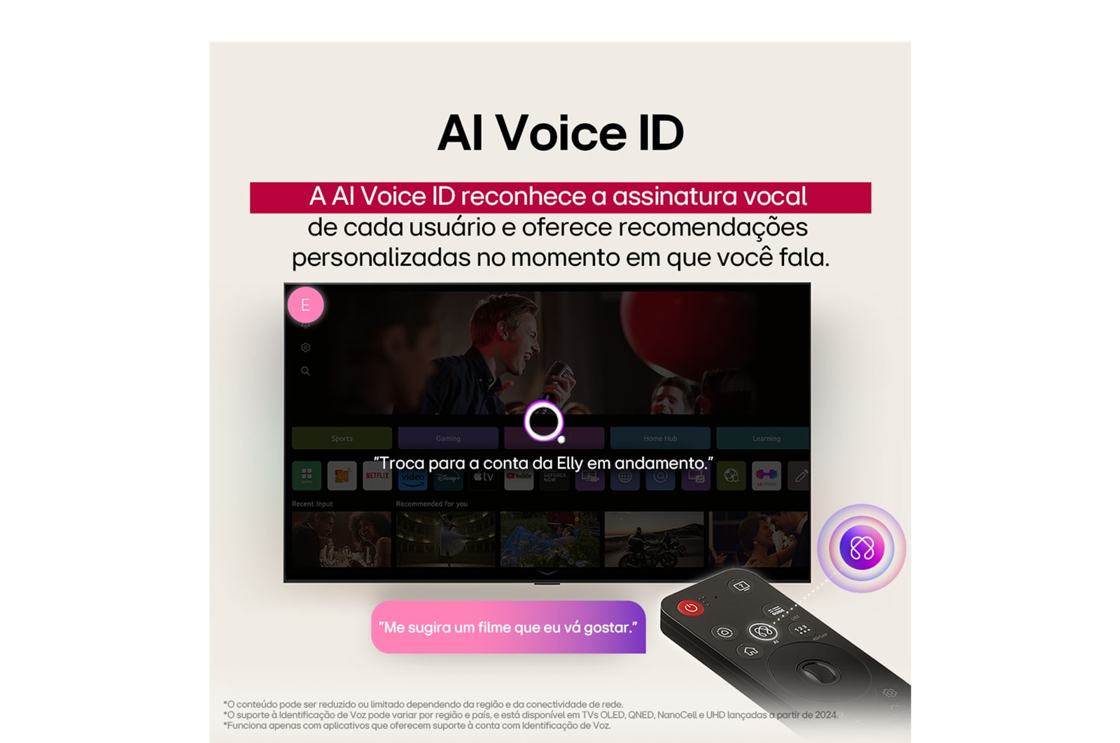 Um LG AI Magic Remote em frente à tela de uma LG TV. Uma saudação personalizada da LG AI é exibida na tela, com palavras-chave personalizadas baseadas na pesquisas do usuário e no histórico de visualização. Junto ao controle remoto há um ícone e um rótulo mostrando que a funcionalidade AI Concierge é facilmente acessível com um breve toque no botão AI. 