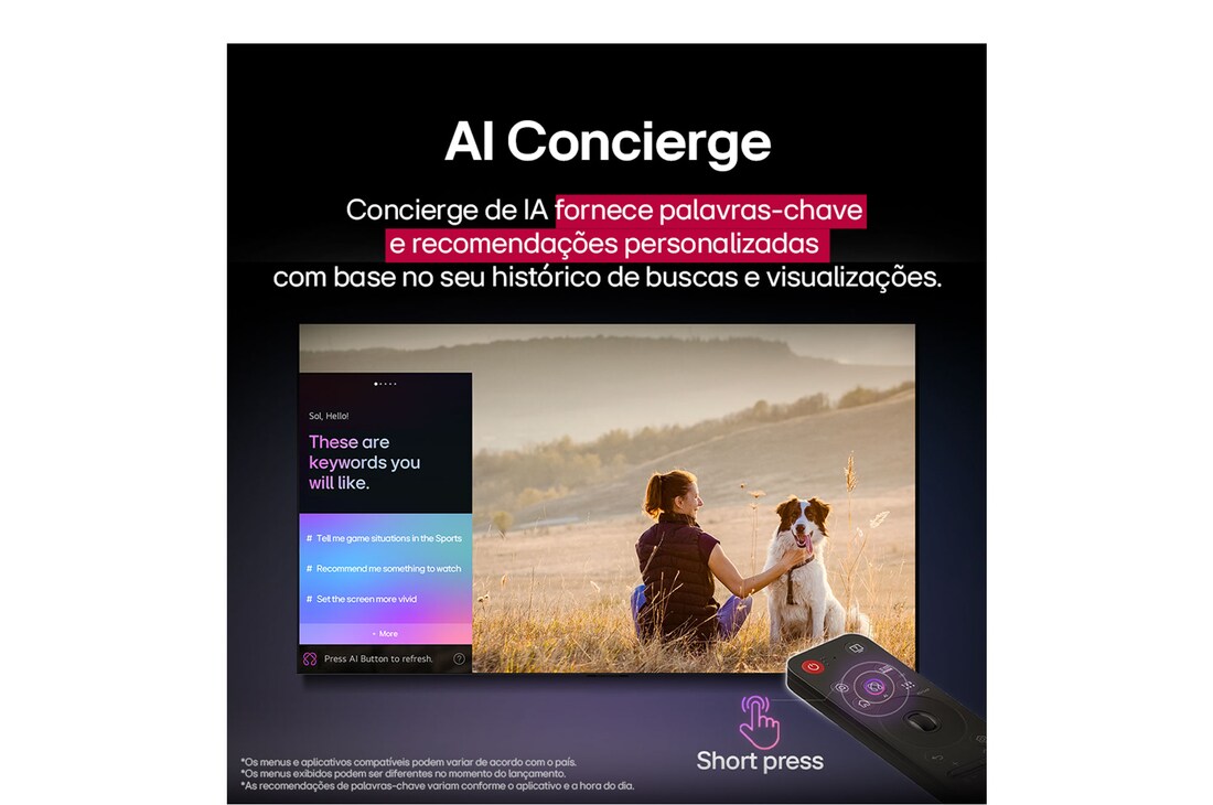 Uma família está sentada em um sofá, de frente para uma LG QNED TV montada na parede acima de uma LG Soundbar, com uma menina apontando para uma tela que mostra dois golfinhos. O título fala sobre como cada ação é mais emocionante em uma tela enorme.