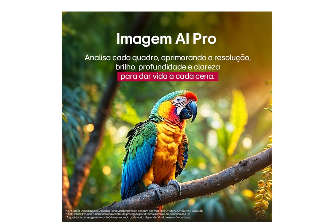 LG AI Magic Remote com o botão AI em destaque. Ao redor dele estão as diferentes funcionalidades que um usuário pode acessar a partir do botão. AI Voice ID, AI Search, AI Chatbot, AI Concierge, AI Picture Wizard e AI Sound Wizard. O texto explica que o LG AI Magic Remote completa sua experiência de IA com um botão AI dedicado e pode ser usado como um air mouse. Basta apontar e clicar.