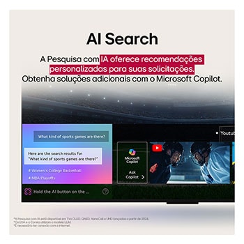 Conteúdo de ficção científica sendo reproduzido na tela de uma LG TV. Na tela aparece a interface do AI Chatbot. O usuário enviou uma mensagem ao chatbot dizendo que a tela está muito escura. O chatbot ofereceu soluções para a solicitação. A cena inteira está dividida em duas partes. Um lado é mais escuro, o outro lado é mais claro, mostrando como o AI Chatbot resolveu o problema para o usuário automaticamente. O texto explica que o Al Chatbot pode entender a intenção do usuário e fornecer soluções para resolver problemas.